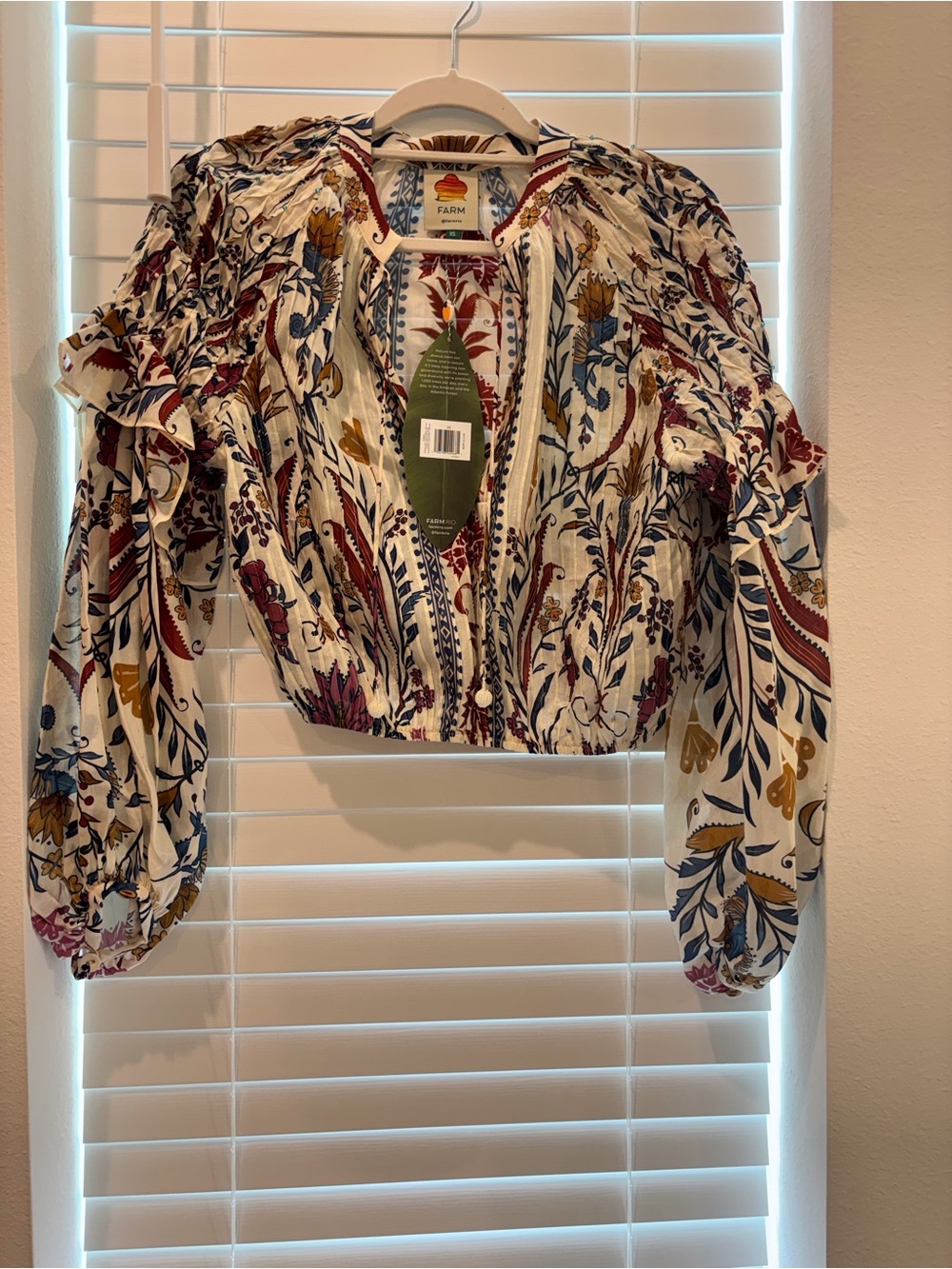 FARM Rio Cream Floral Ruffle Peasant Blouse in Multicolor Print